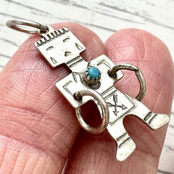 Native American Navajo Indian Turquoise Jewelry Jewelry - VTG Navajo Kachina Turquoise Pendant Mini Harvey Era Sterling Hoop Dancer Charm